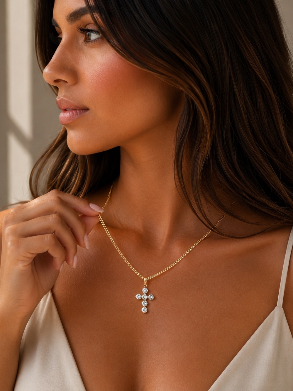 Women’s Gold Cross Pendant Necklace with Cubic Zirconia, 18K Gold Plated, Gift